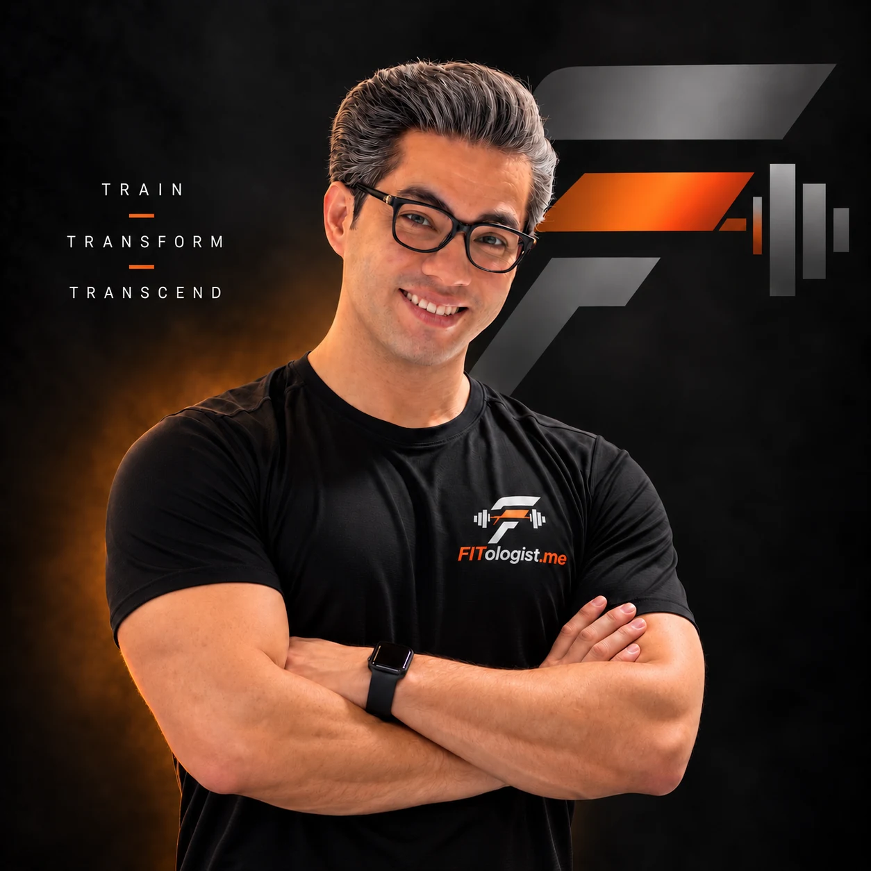 Portrait of Saeid Soleimani, the coach behind FITologist, in a FITologist t-shirt with arms crossed