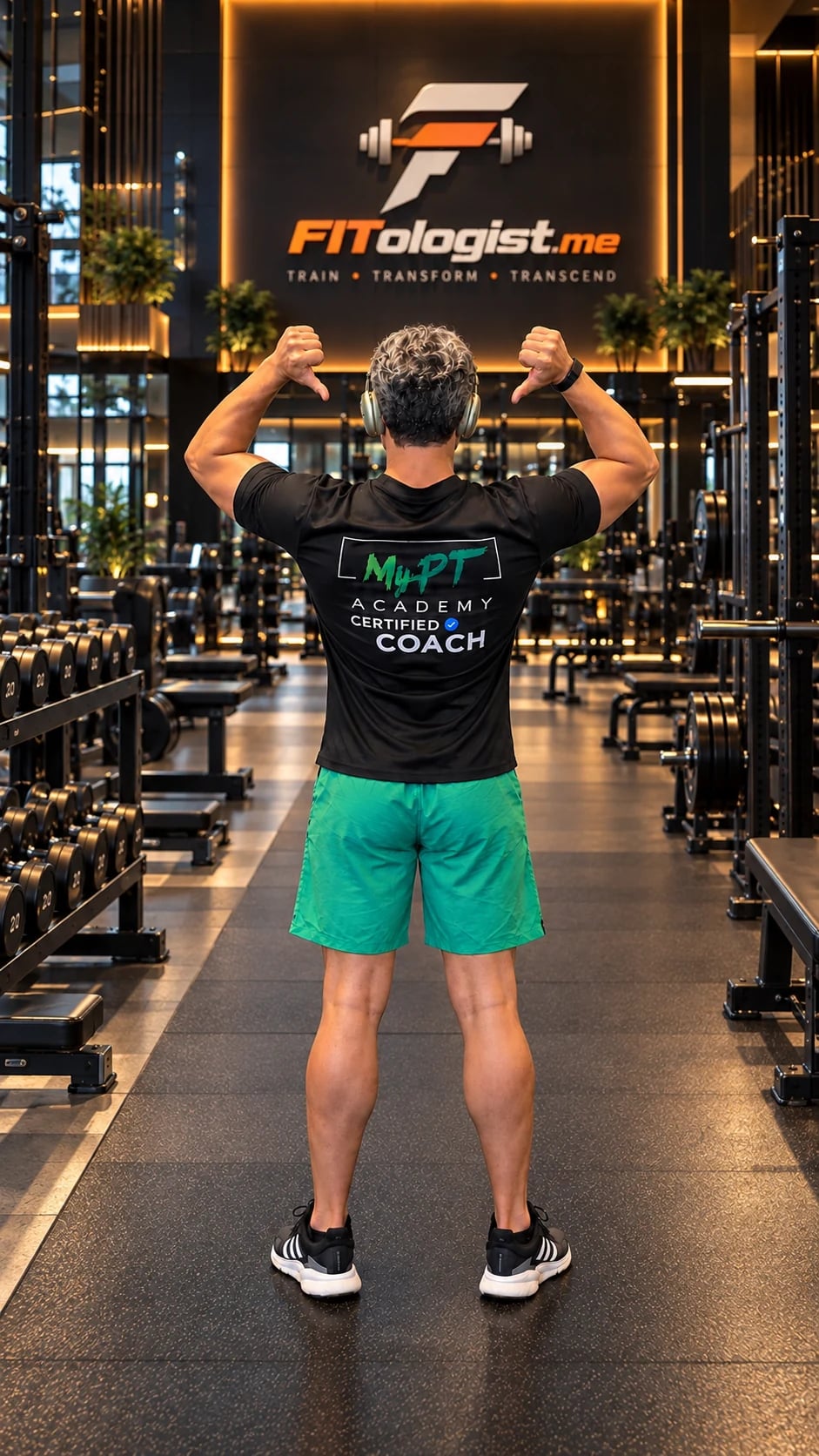 Saeid from behind, arms raised, facing the illuminated FITologist.me sign in a gym
